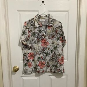 Cathy Daniels White Polo with Hibiscus and Palm Print